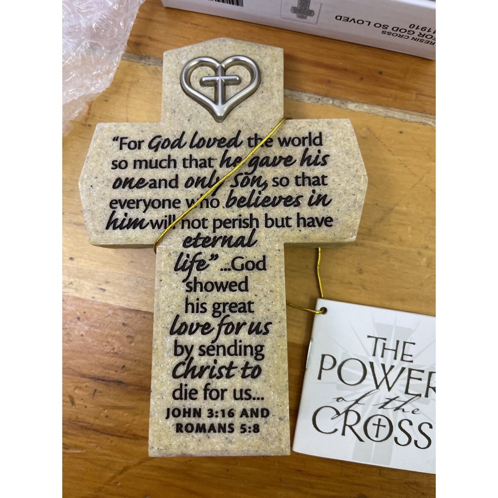 Desktop Cross Scripture Resin Heart Symbol Cross For God So Loved The‎ World - Picture 2 of 10